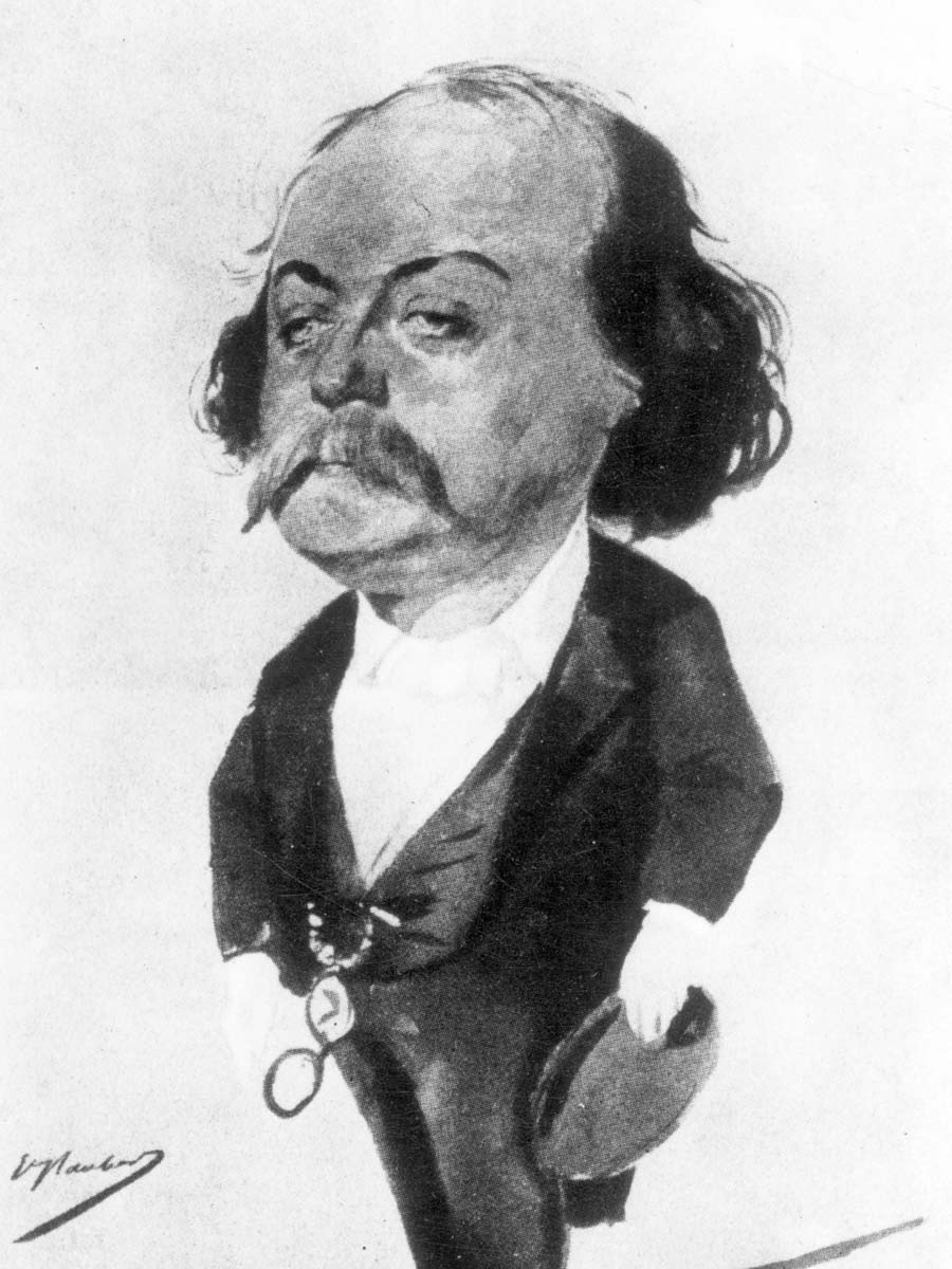Gustave Flaubert – eine Karikatur von Edouard Brun (1922) nach einem Gemälde von Pierre François Eugène Giraud, 1868.