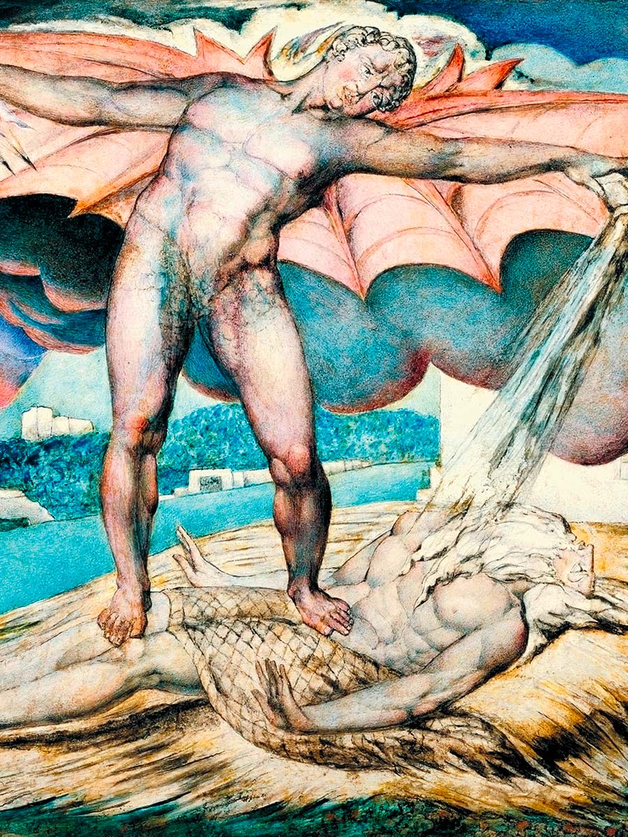 William Blake (1757 – 1827): „Satan schlägt Hiob mit eiternden Beulen“, 1826.