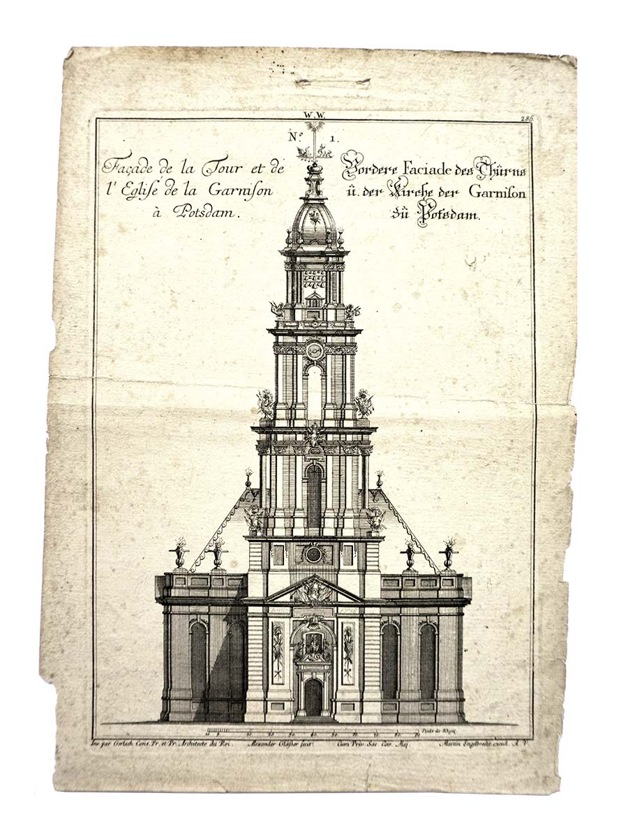 Vorderansicht der Garnisonkirche. Kupferstich von A. Gläßer nach Philipp Gerlach, gestochen von Martin Engelbrecht um 1730.
