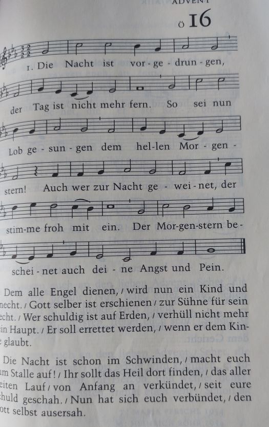 „Die Nacht ist vorgedrungen“ von Jochen Klepper im Evangelischen Gesangbuch, Strophen 1-3.