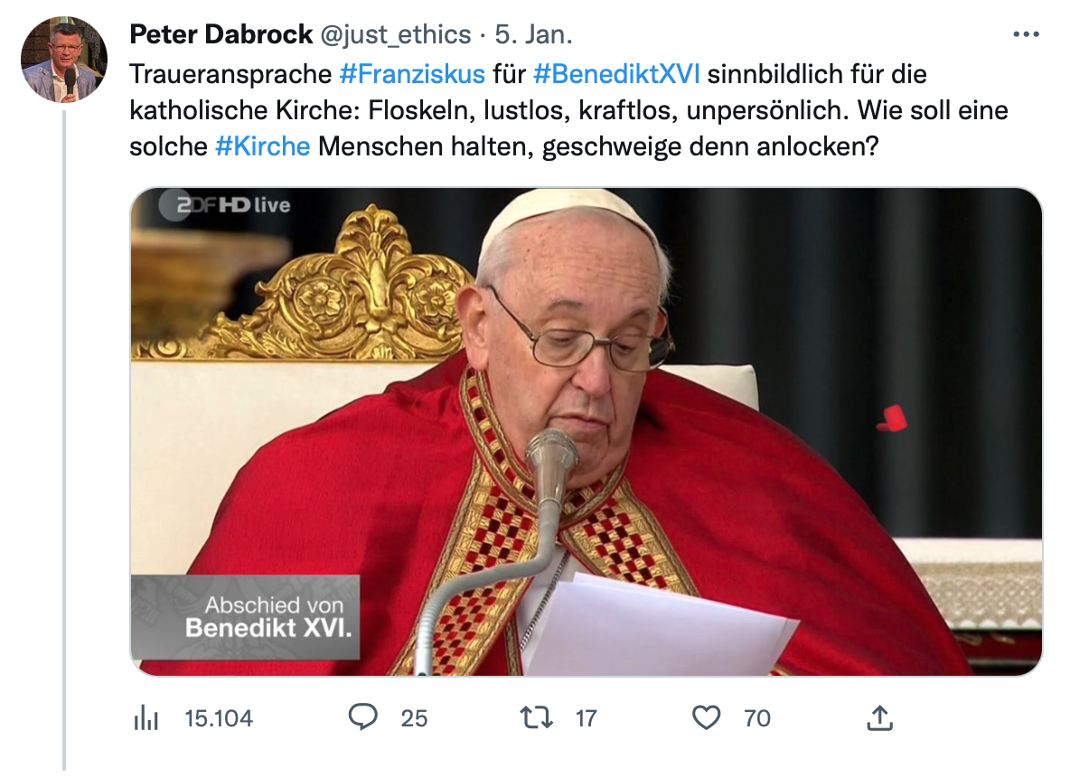 Twitternachricht von Peter Dabrock anlässlich der Traueransprache für Benedikt XVI.