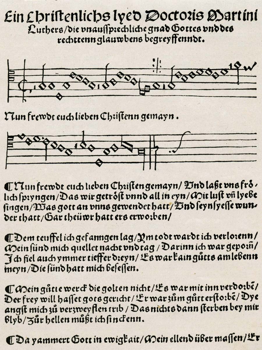 Holzschnitt von „Nun freut euch, lieben Christen g’mein“ von Martin Luther aus „Etlich christlich lider, Lobgesang und Psalm. Nürnberg (Jobst Gutknecht), 1524“.