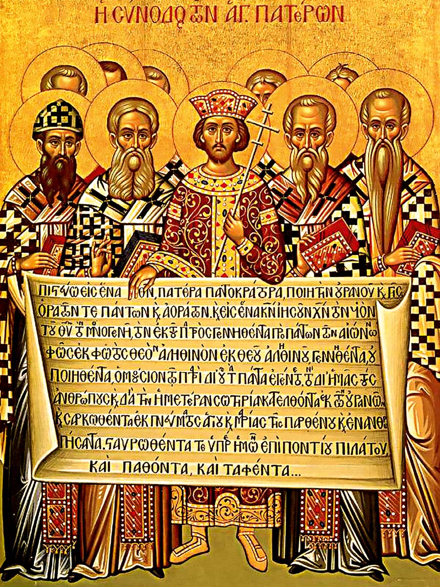 Eine Ikone in Erinnerung an das Konzil von Nicäa: Kaiser Konstantin (mit Krone) steht hinter dem Glaubensbekenntnis „Nicäno-Konstantinopolitanum“.