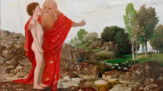 Arnold Böcklin (1827 – 1901): „Gottvater zeigt Adam das Paradies”, um 1884.