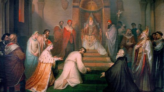 Der Bußgang Kaiser Heinrichs IV. zu Papst Gregor VII. in Canossa. Gemälde von Giulio Arrivabene (1806–1896).