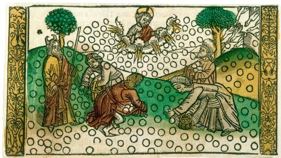 Die Mannalese. Holzschnitt, anonym, altkoloriert, Deutschland 1507.