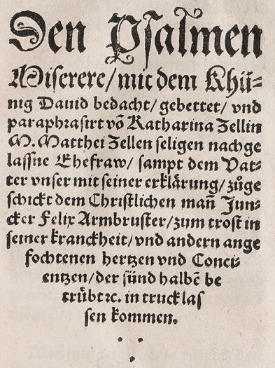 Katharina Zells Trostbrief an Felix Armbruster, Titelblatt 1558. Foto: Archiv