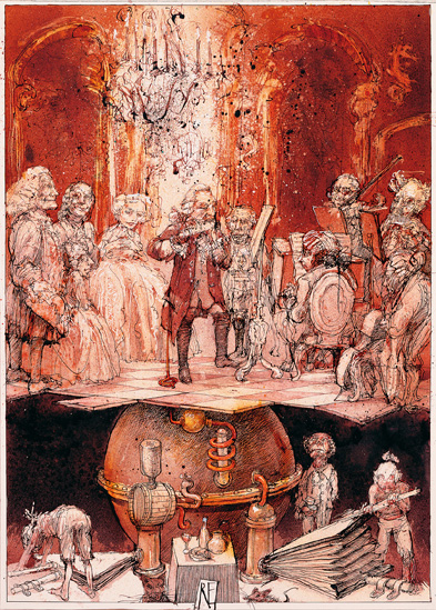 Flötenkonzert von Sanssouci nach Menzel – Zeichnung von Reiner Ehrt (1998). Foto: akg-images/Ehrt