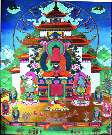 Wandmalerei: Der Buddha Amitabha in seinem Paradies Sukhávati. Foto: Adelheid Herrmann-Pfandt