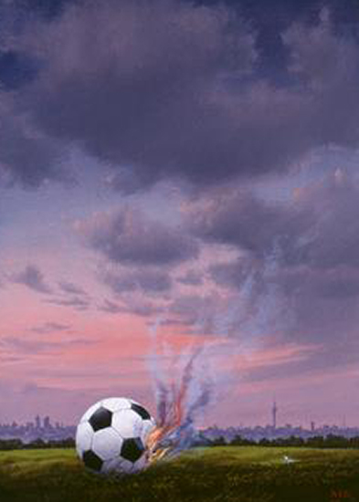 Die Welt des Fußballs brennt - vor allem wegen überbauschender Korruption. Foto: akg-images/ M. Koeppel, „Es brennt“, 2006.