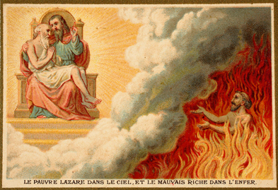 Der arme Lazarus im Himmel und der schlechte Reiche in der Hölle (aus der Sammelbildserie &quot;La vie de Jesus&quot;, um 1900). Foto: epd