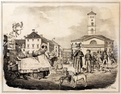 Jakob Friedrich Hahn: Satirisches Blatt auf die Taufe von Moritz Saphir (1830). Foto: Katalog Foto: Katalog