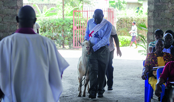 Am Ende des Gottesdienstes bekommt der Bischof eine Ziege geschenkt.