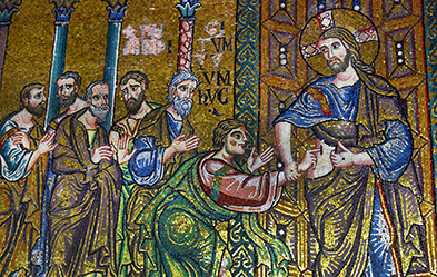Selbst der Jünger Thomas hatte Zweifel an der Auferstehung Jesu, obwohl er ihn sehen durfte. Ein Mosaik aus der Geburtskirche in Bethlehem, die im 3. und 4. Jahrhundert gebaut wurde. Foto: epd/ Debbie Hill